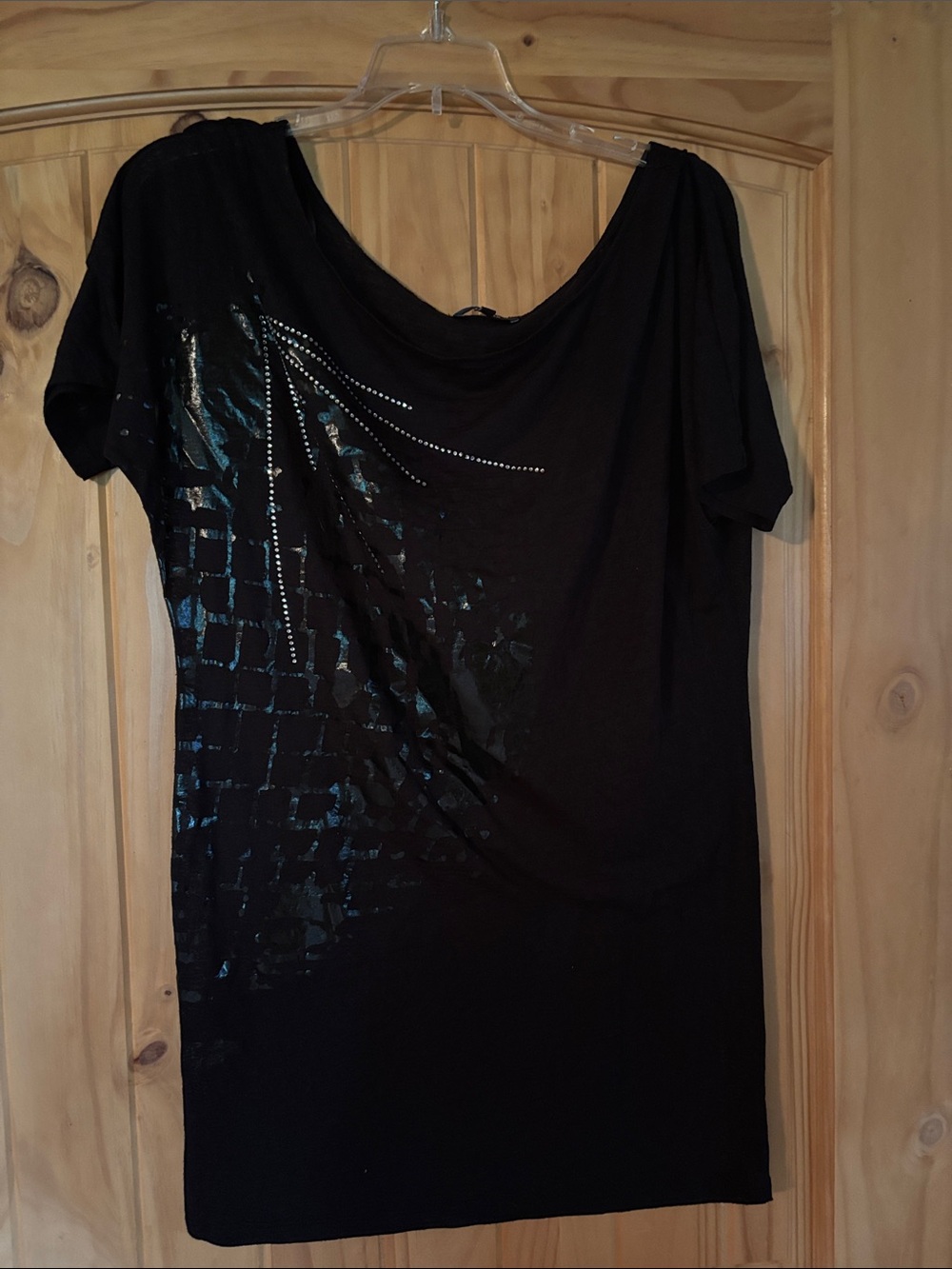 Express Black Scoop Neck Short Sleeve Tunic with Metallic Accents
